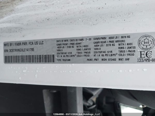 2020 RAM PROMASTER 1500 LOW ROOF 118 IN. WB