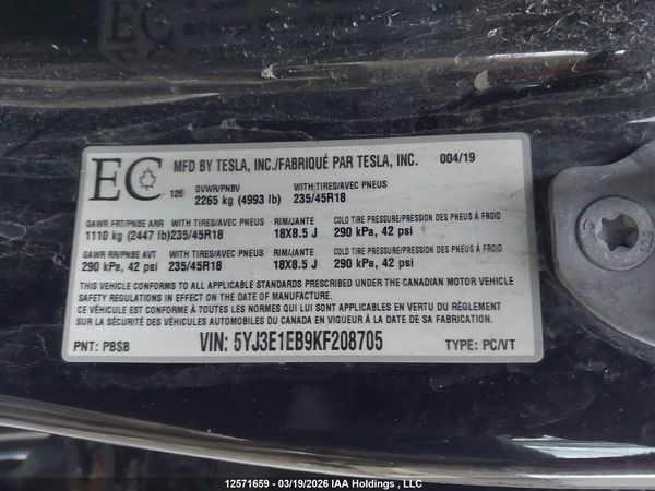 2019 TESLA MODEL 3 LONG RANGE/PERFORMANCE — I19