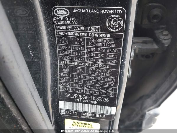 2015 LAND ROVER RANGE ROVER EVOQUE PURE PLUS — I9