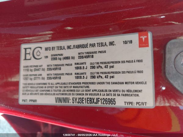 2018 TESLA MODEL 3 LONG RANGE/PERFORMANCE