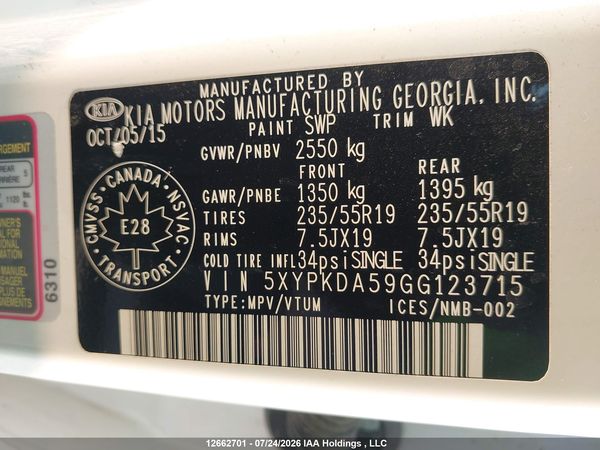 2016 KIA SORENTO 3.3L SX/3.3L SX+