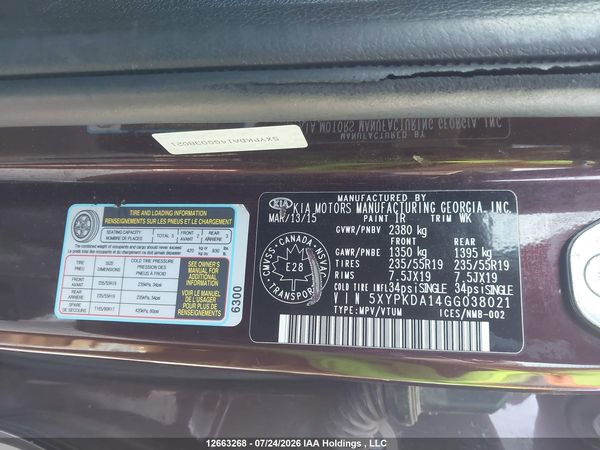 2016 KIA SORENTO 2.0L SX