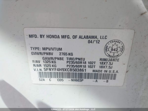 2012 HONDA PILOT TOURING