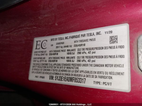 2021 TESLA MODEL 3