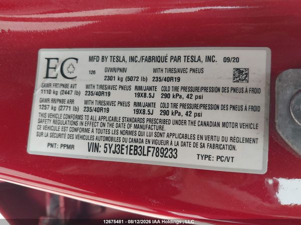 2020 TESLA MODEL 3 LONG RANGE