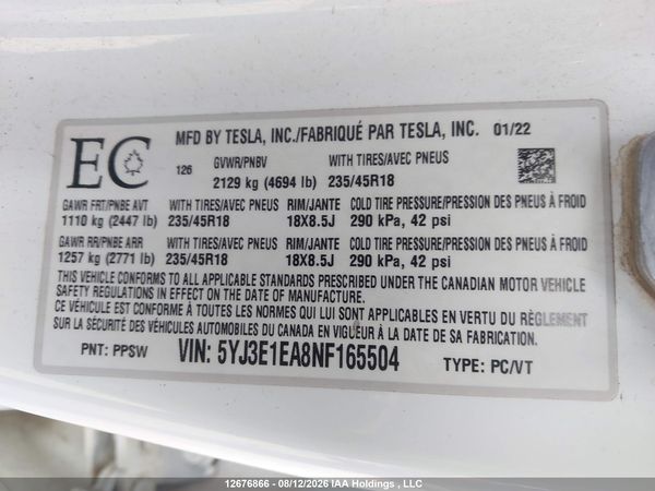 2022 TESLA MODEL 3 RWD/STANDARD RANGE