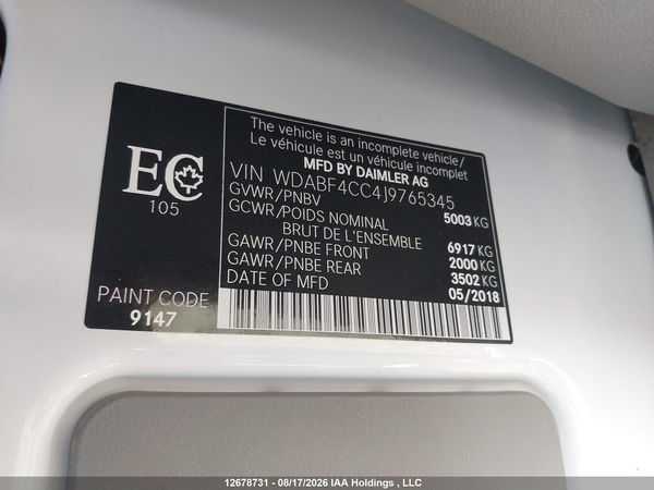 2018 MERCEDES-BENZ SPRINTER 3500 HIGH ROOF V6 — I9