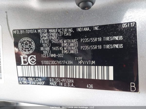 2017 TOYOTA SIENNA XLE 7 PASSENGER