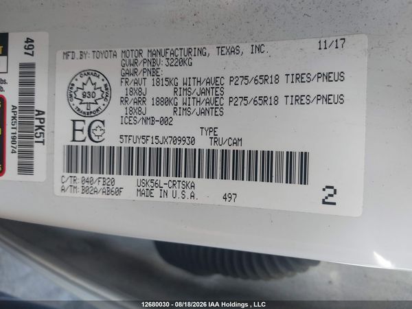 2018 TOYOTA TUNDRA SR5 PLUS 5.7L V8