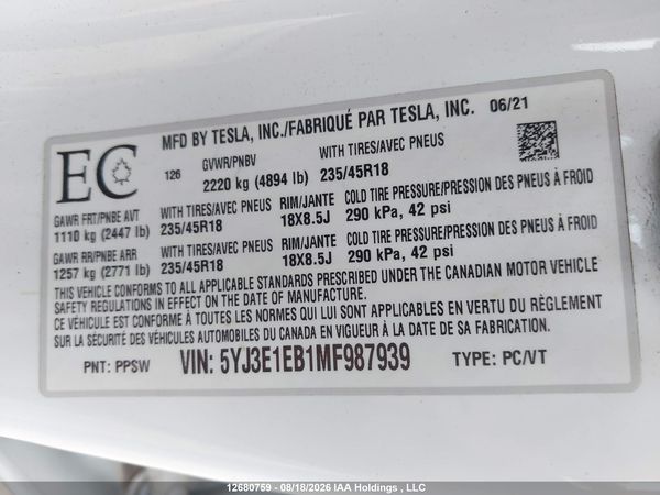 2021 TESLA MODEL 3