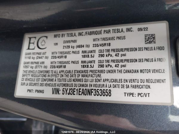 2022 TESLA MODEL 3 RWD/STANDARD RANGE