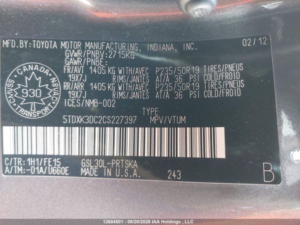 2012 TOYOTA SIENNA SE 8 PASSENGER