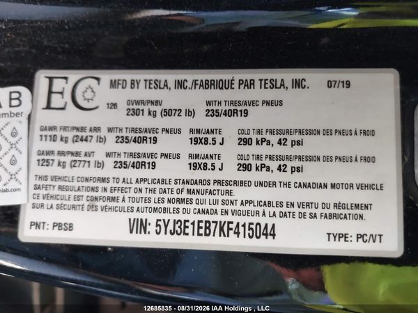 2019 TESLA MODEL 3