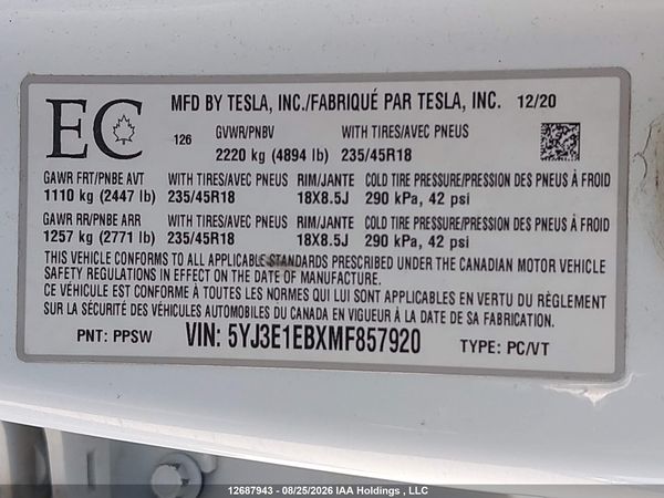 2021 TESLA MODEL 3