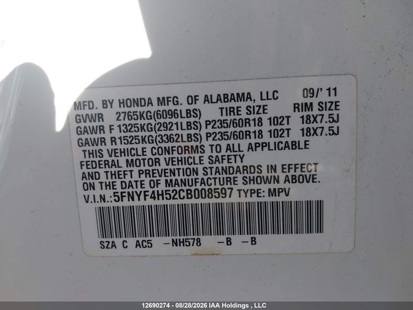 2012 HONDA PILOT EX-L — I20