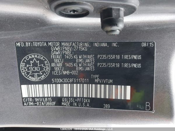 2015 TOYOTA SIENNA XLE/LIMITED