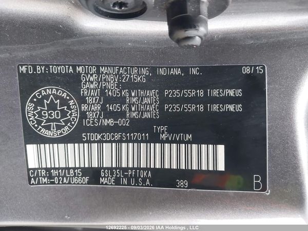 2015 TOYOTA SIENNA XLE/LIMITED
