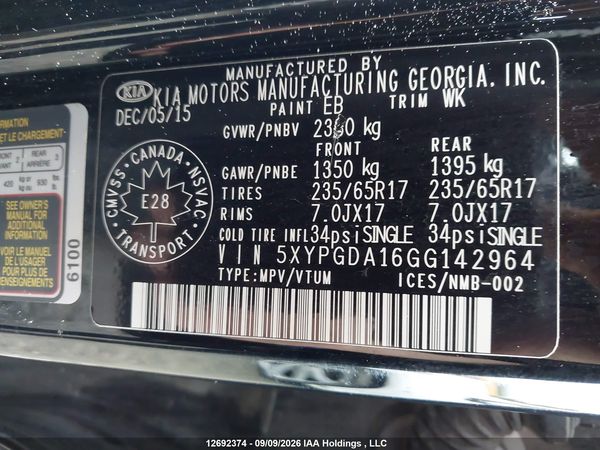 2016 KIA SORENTO 2.0L EX/2.0L LX+ — I9