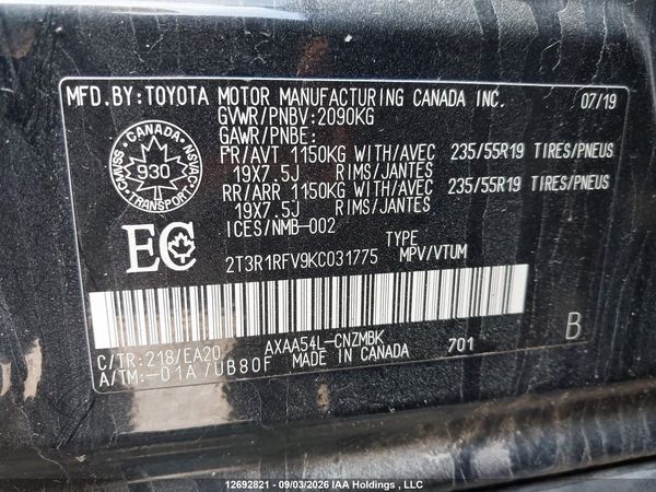 2019 TOYOTA RAV4 XLE/XLE PREMIUM — I9