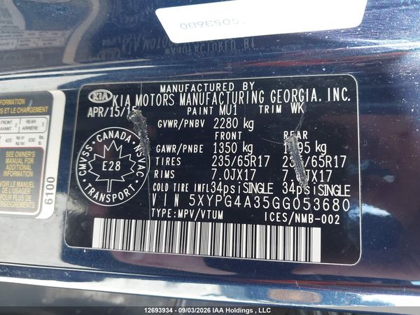 2016 KIA SORENTO 2.4L LX