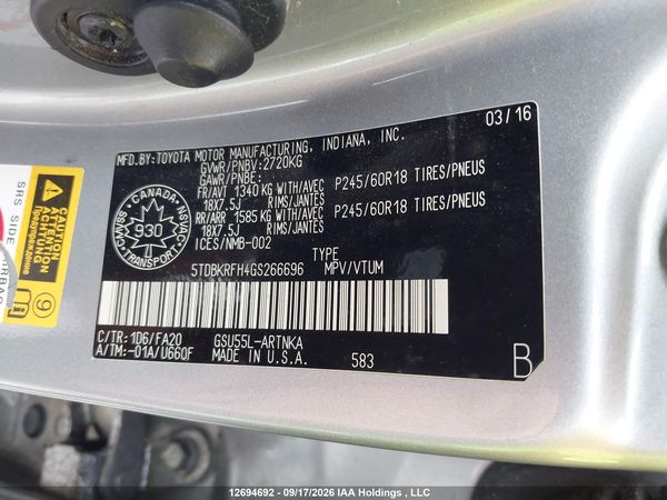 2016 TOYOTA HIGHLANDER LE — I19