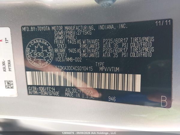 2012 TOYOTA SIENNA LE — I9