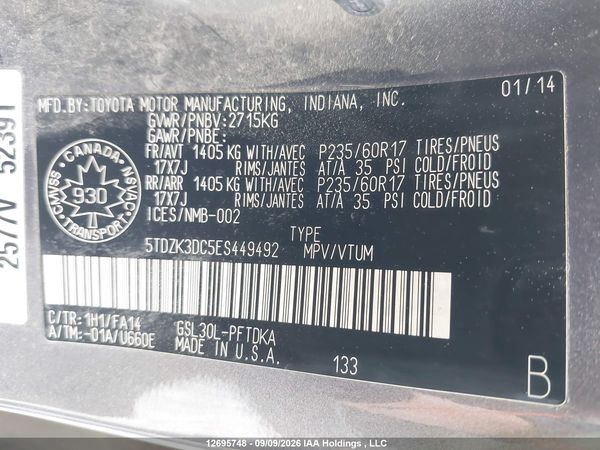 2014 TOYOTA SIENNA 7 PASSENGER — I9