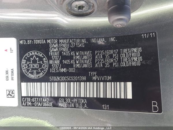 2012 TOYOTA SIENNA V6 7 PASSENGER