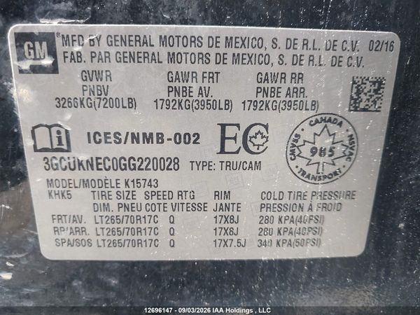 2016 CHEVROLET SILVERADO K1500/K1500 LS — I9