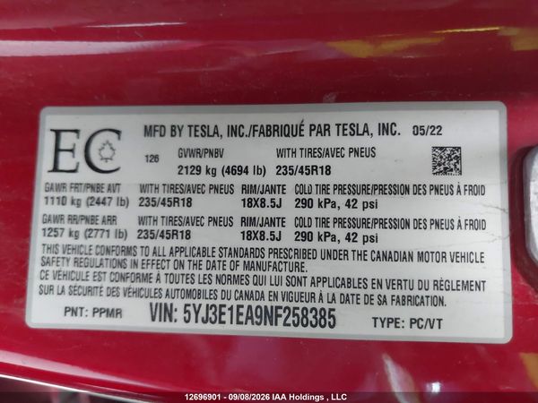 2022 TESLA MODEL 3 RWD/STANDARD RANGE