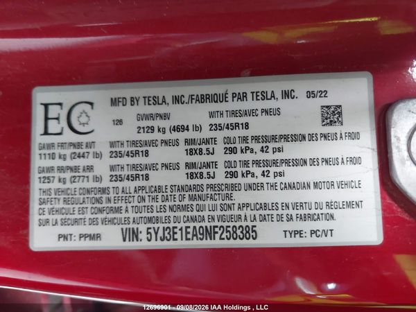 2022 TESLA MODEL 3 RWD/STANDARD RANGE