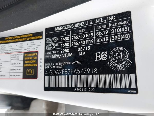 2015 MERCEDES-BENZ ML 350 BLUETEC 4MATIC — I19