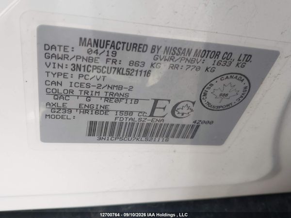 2019 NISSAN KICKS S/SR/SV — I9
