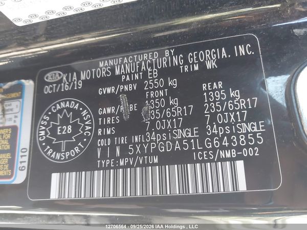 2020 KIA SORENTO 3.3L BLACK LINE/3.3L LX+ — I17