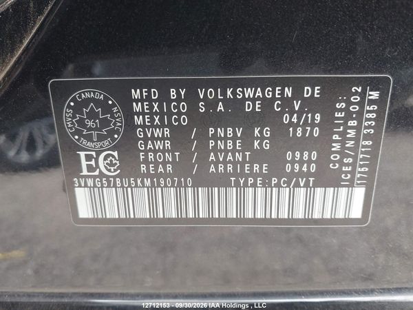 2019 VOLKSWAGEN JETTA 1.4 TSI EXECLINE — I9