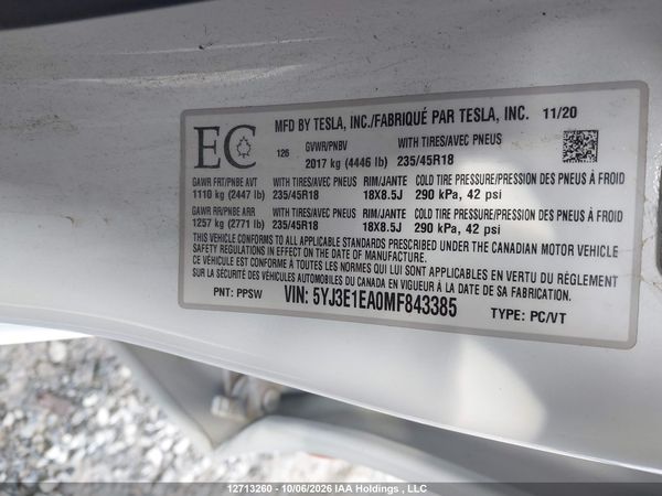 2021 TESLA MODEL 3 — I9