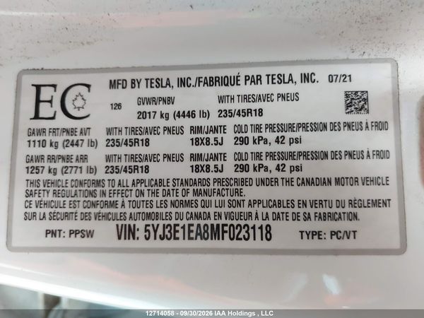 2021 TESLA MODEL 3 — I9