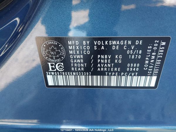 2019 VOLKSWAGEN JETTA 1.4 TSI EXECLINE — I9
