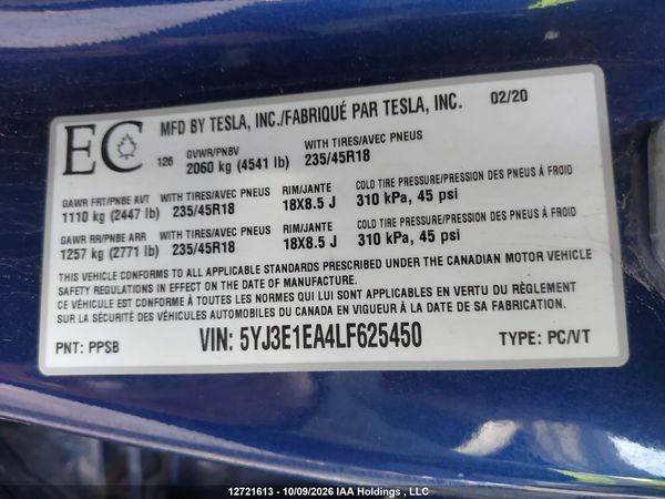 2020 TESLA MODEL 3 — I9