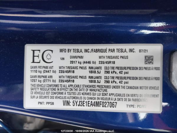 2021 TESLA MODEL 3 — I9