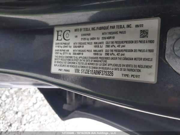 2022 TESLA MODEL 3 RWD/STANDARD RANGE — I9
