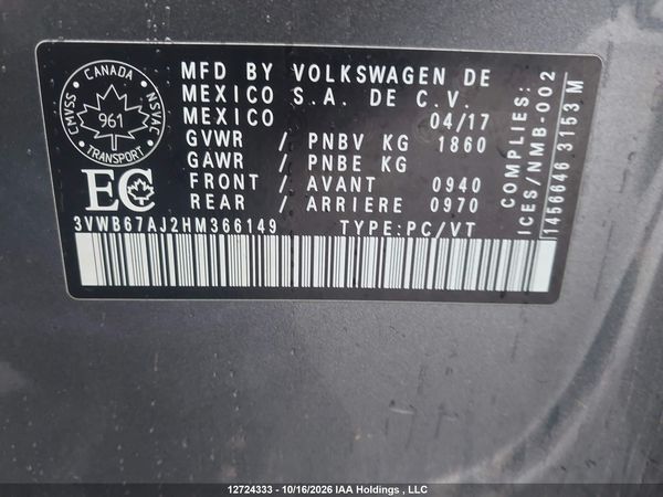 2017 VOLKSWAGEN JETTA WOLFSBURG EDITION — I19