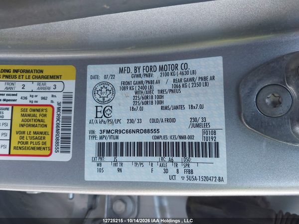 2022 FORD BRONCO SPORT OUTER BANKS — I18