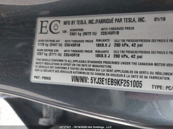2019 TESLA MODEL 3 LONG RANGE/PERFORMANCE — I9