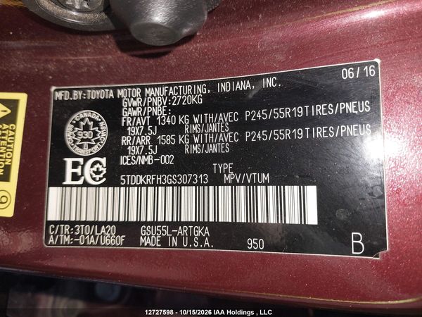 2016 TOYOTA HIGHLANDER LIMITED — I19