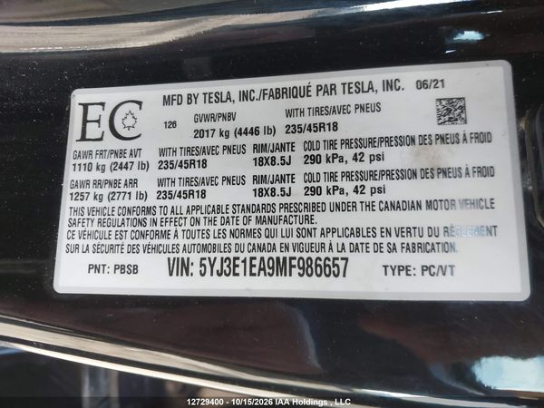 2021 TESLA MODEL 3 — I9