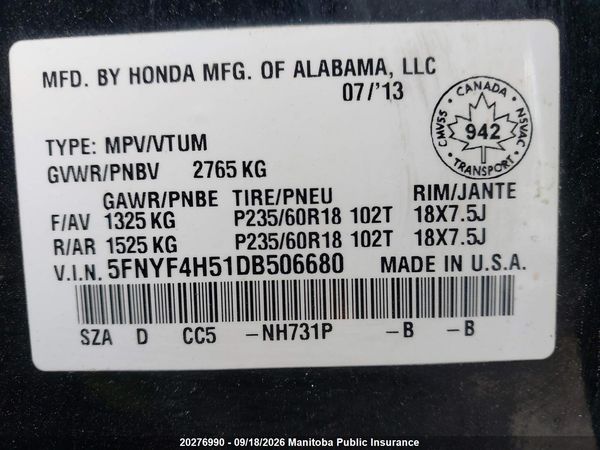 2013 HONDA PILOT EX-L — I9