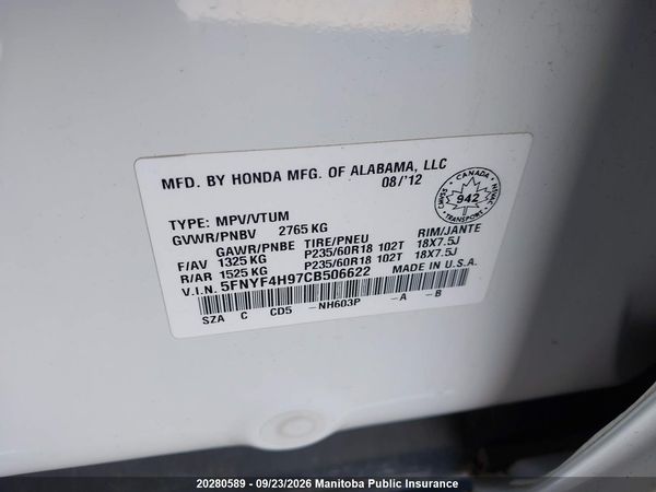 2012 HONDA PILOT TOURING — I10