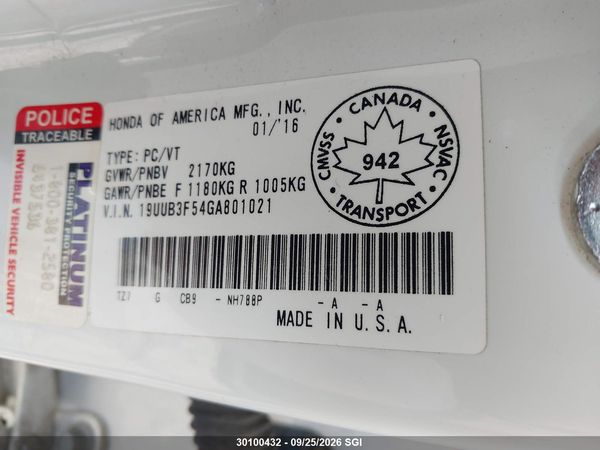 2016 ACURA TLX TECH — I9
