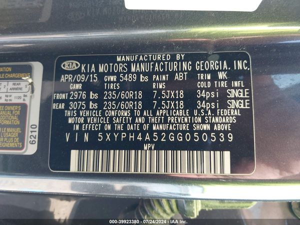 2016 KIA SORENTO 3.3L EX